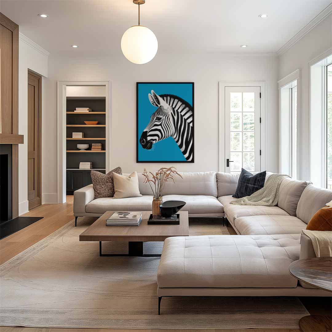 Zebra in het Blauw – dibond wanddecoratie in staand formaat