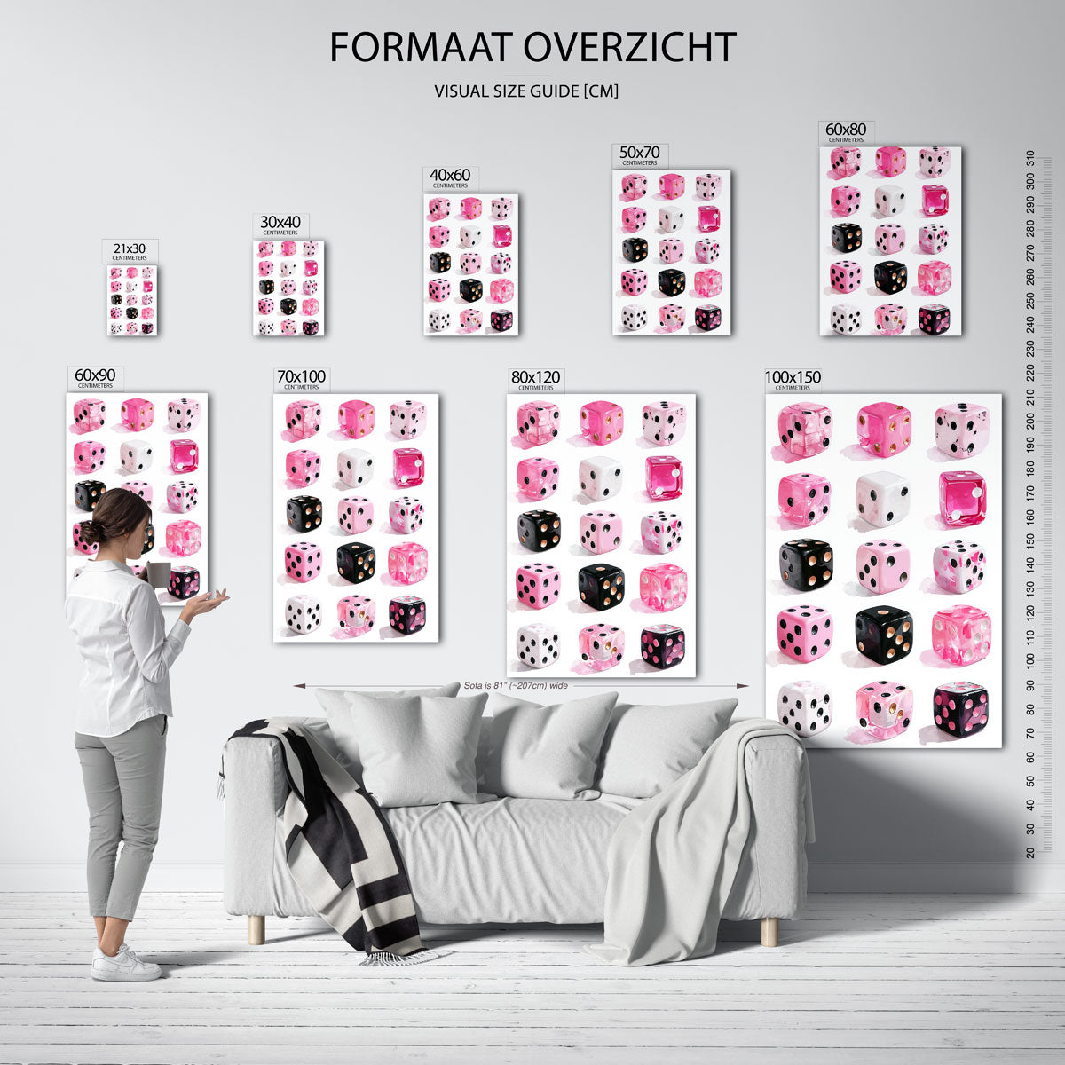 Dobbelstenen in roze en zwart – staande muurposter in Pop Art stijl