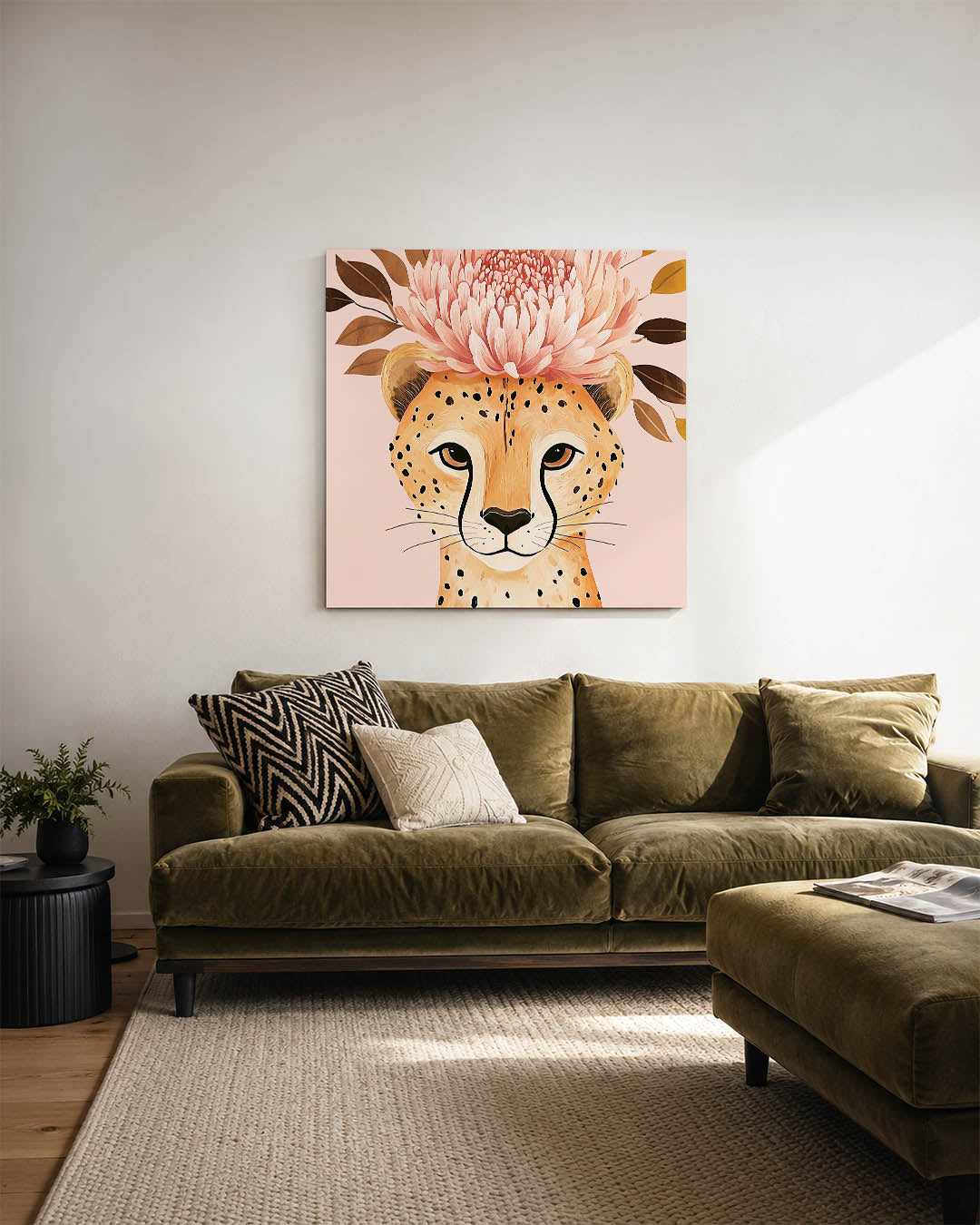 Dromerige bloem kunstwerk – sfeerbeeld – een dier met een grote bloem op zijn hoofd, omringd door bladeren. De zachte kleuren