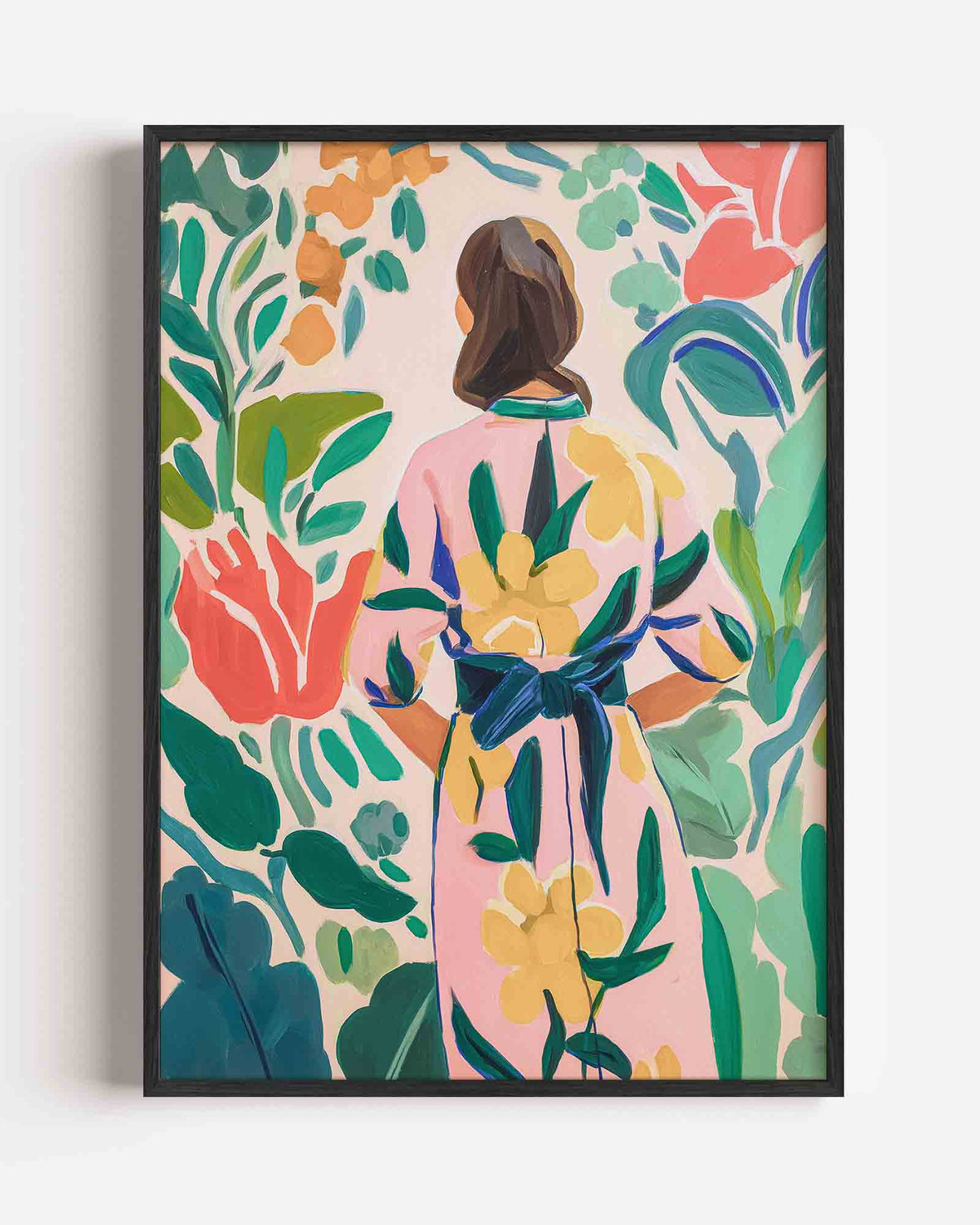 Vrouw in bloemenjurk – pastel portret poster als wanddecoratie