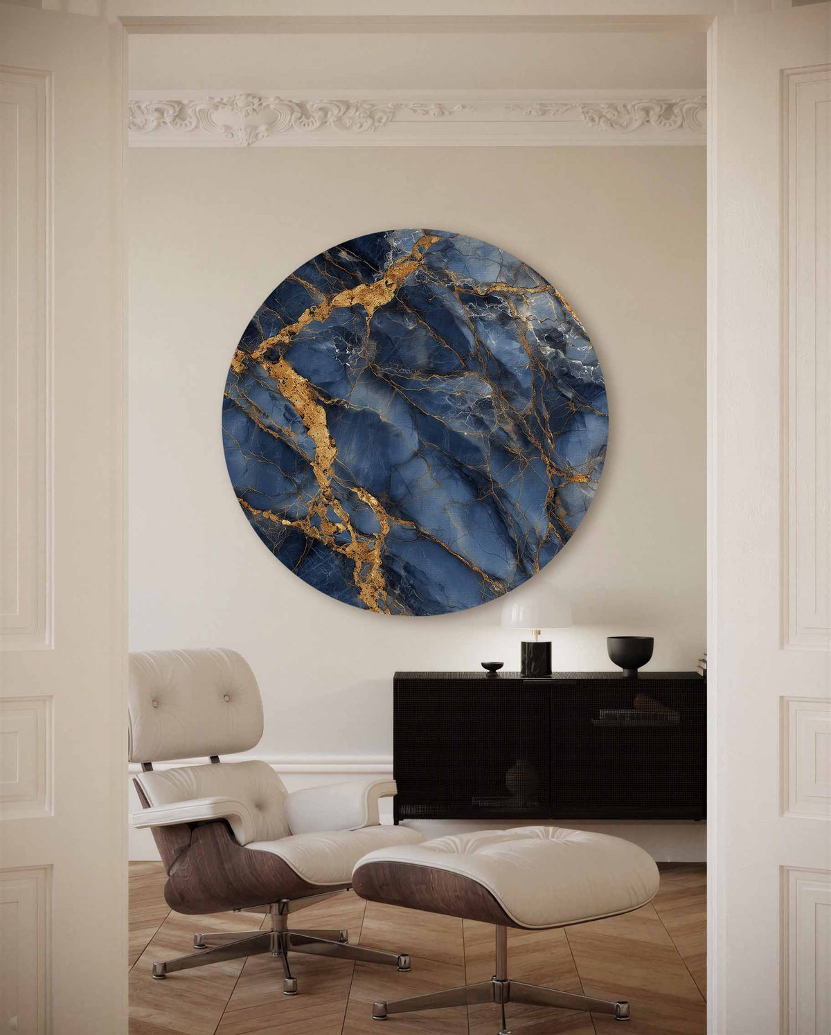 Blauwe en gouden aderen – moderne abstracte muurcirkel voor aan de muur