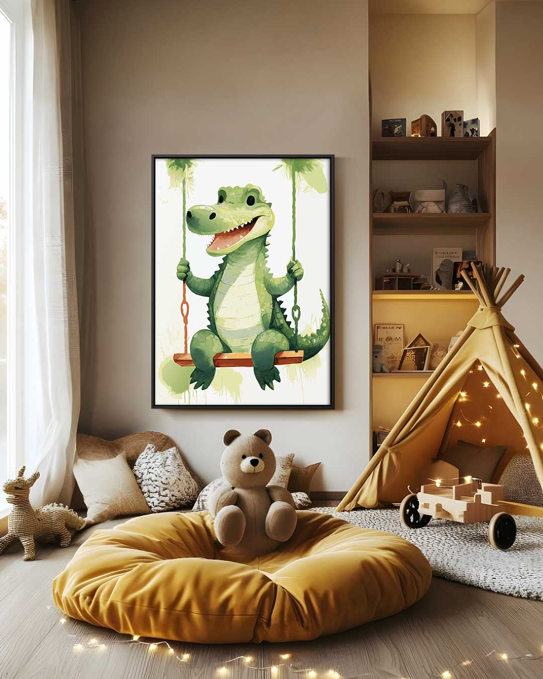 Vrolijke Krokodil op de Schommel – modern portret kunstwerk van WallArtistic