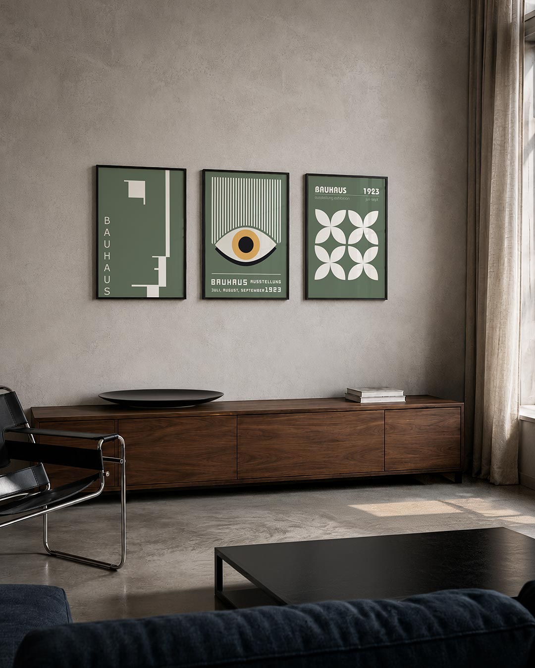 Strakke lijnenspel driedelige posterset – deze posterset in drie delen toont een harmonie van strakke lijnen en blokken in