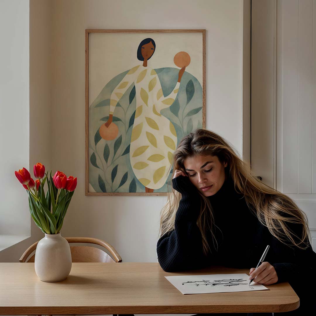 Moderne kunst vrouw met oranje accenten – staande vrouwelijke wanddecoratie van WallArtistic