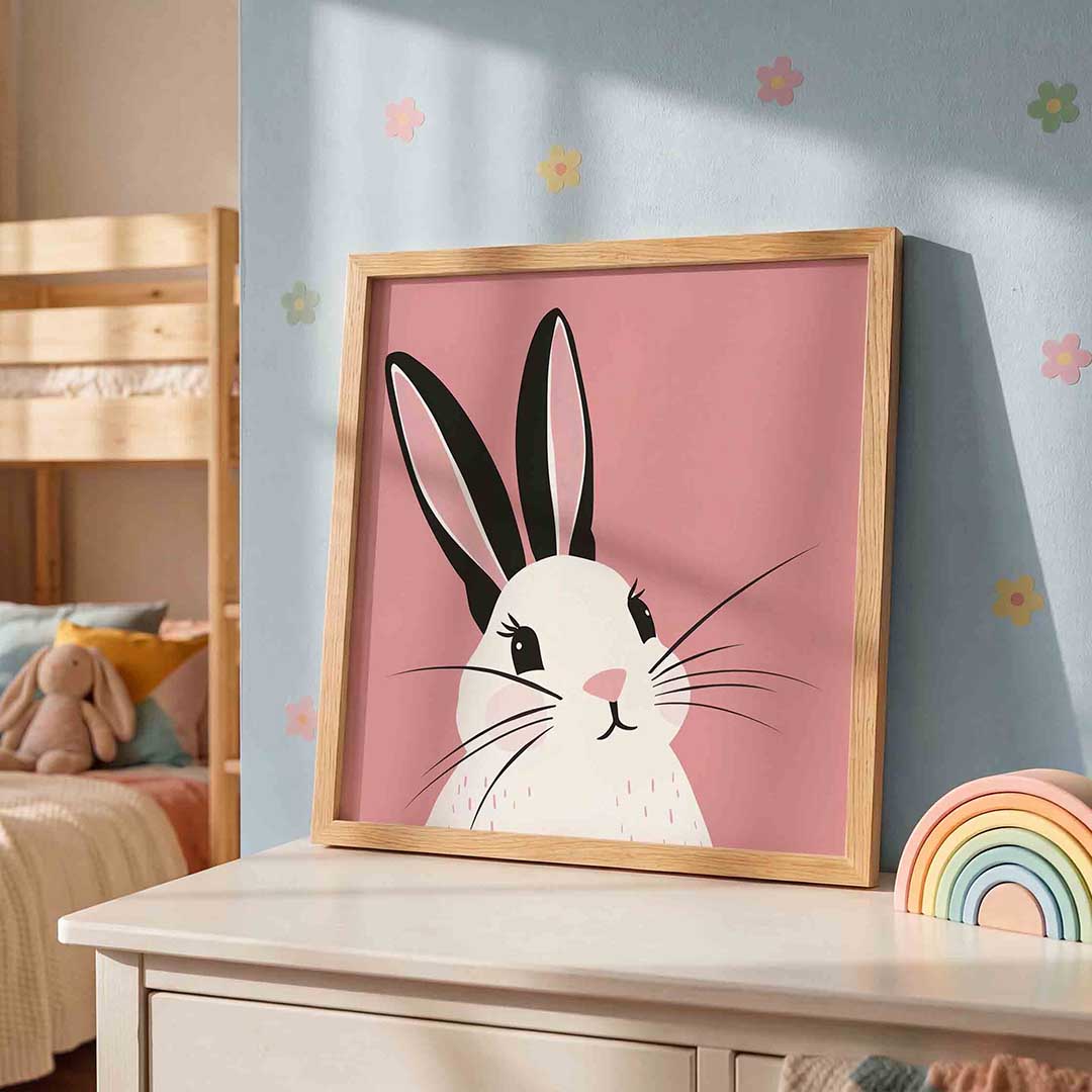 Konijn op roze – speelse wandkunst als vierkante kinderposter