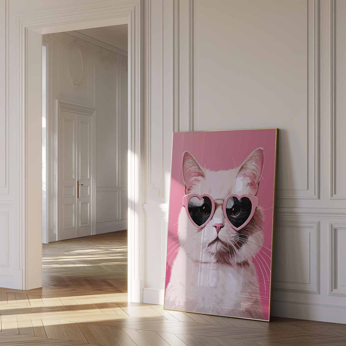 Coole Kat Met Hartjesbril – dierenposter als moderne staande wanddecoratie