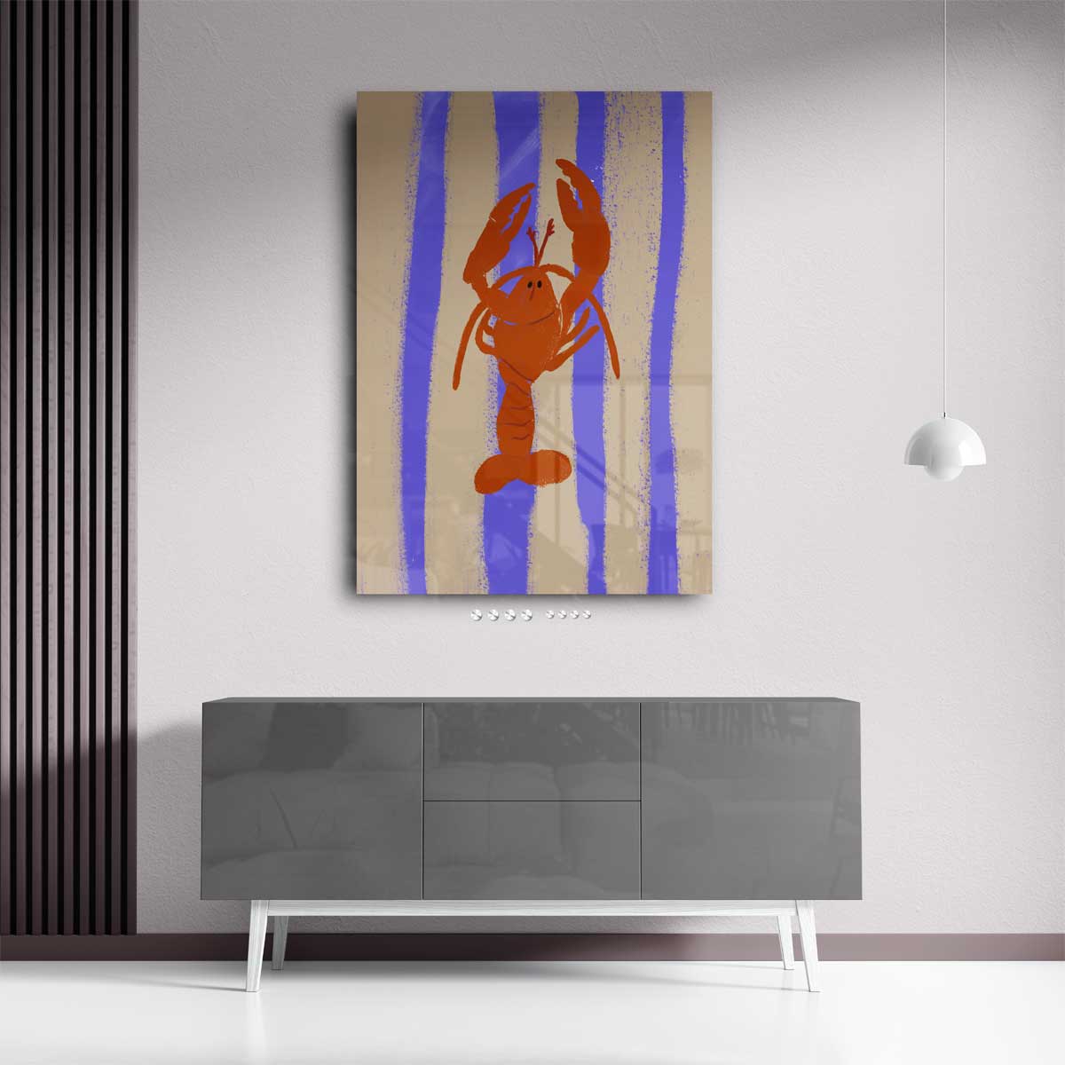 Dansende Kreeft op Streepjesachtergrond – staand kunstwerk voor modern interieur
