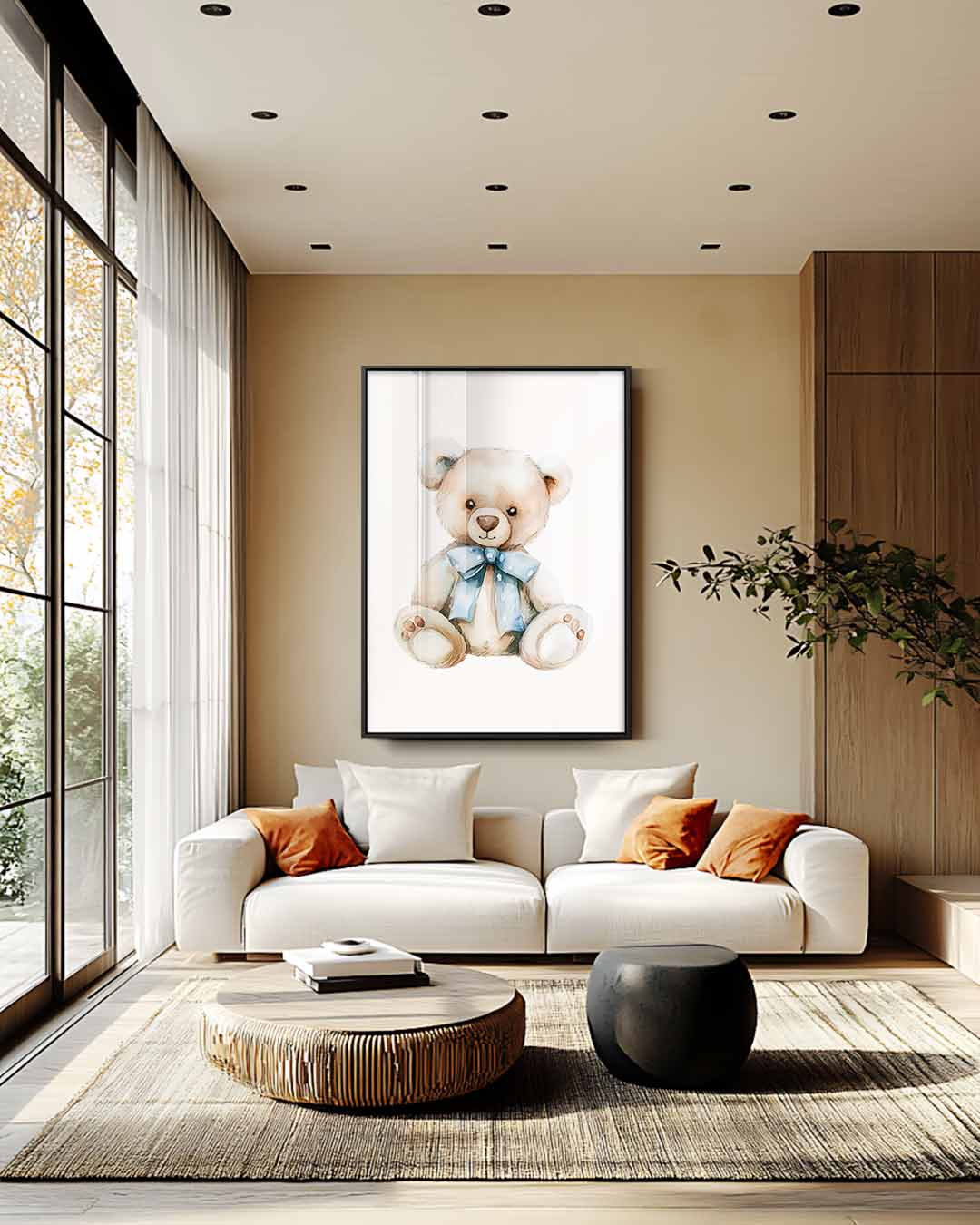 Schattige Beer met Blauwe Strik – canvas wanddecoratie in portret formaat