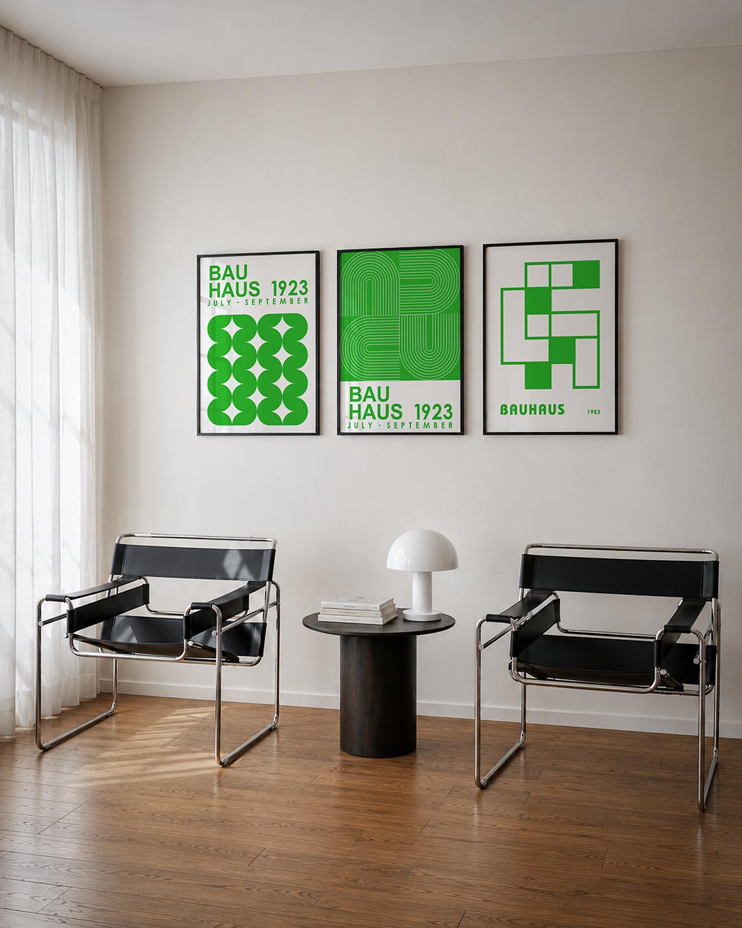Groene vormenritme posterset – tweede productweergave – deze posterset in drie delen toont een levendig spel van groene