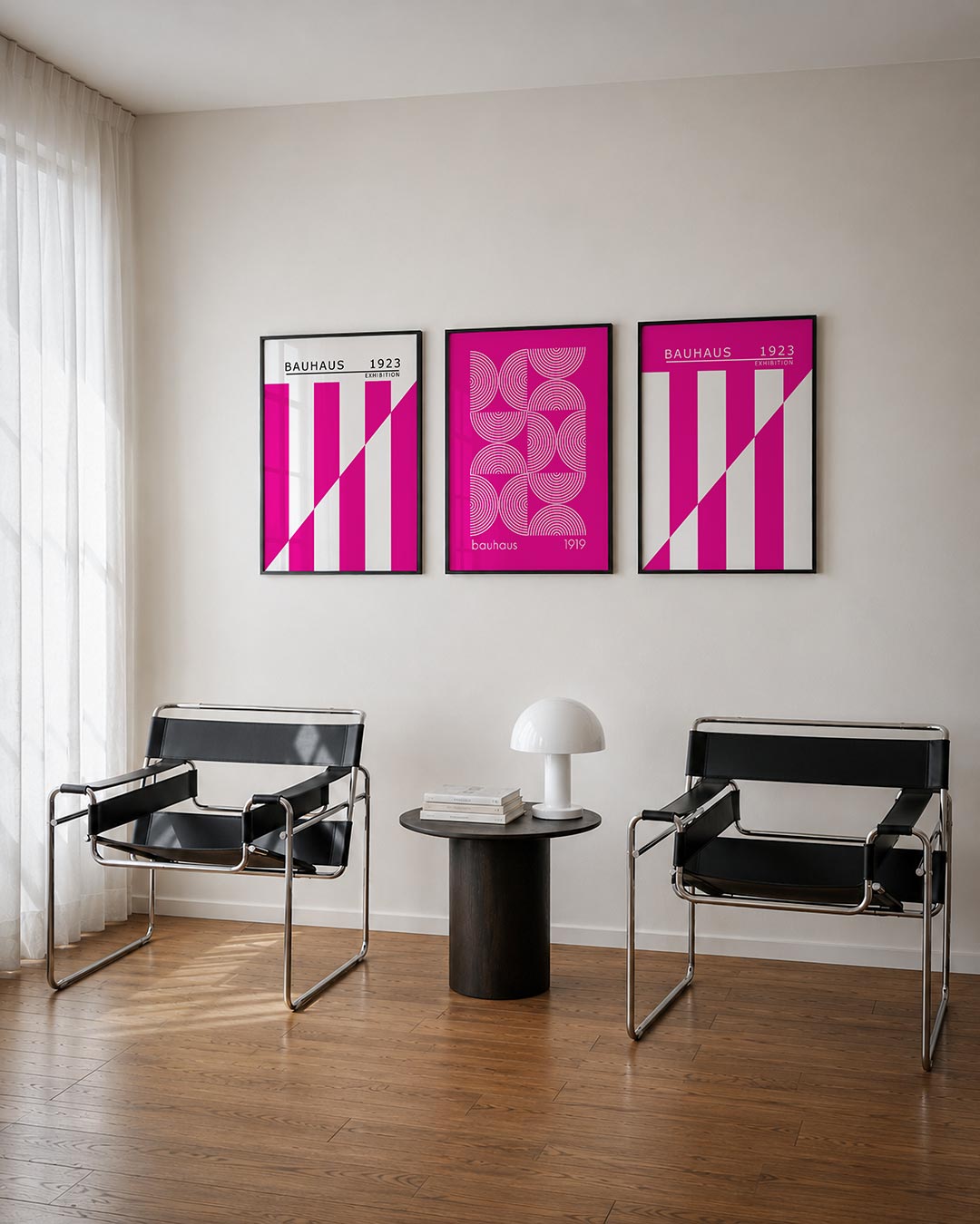 Kleur en lijnenspel posterset – tweede productweergave – deze posterset in drie delen toont levendige roze en witte vlakken.