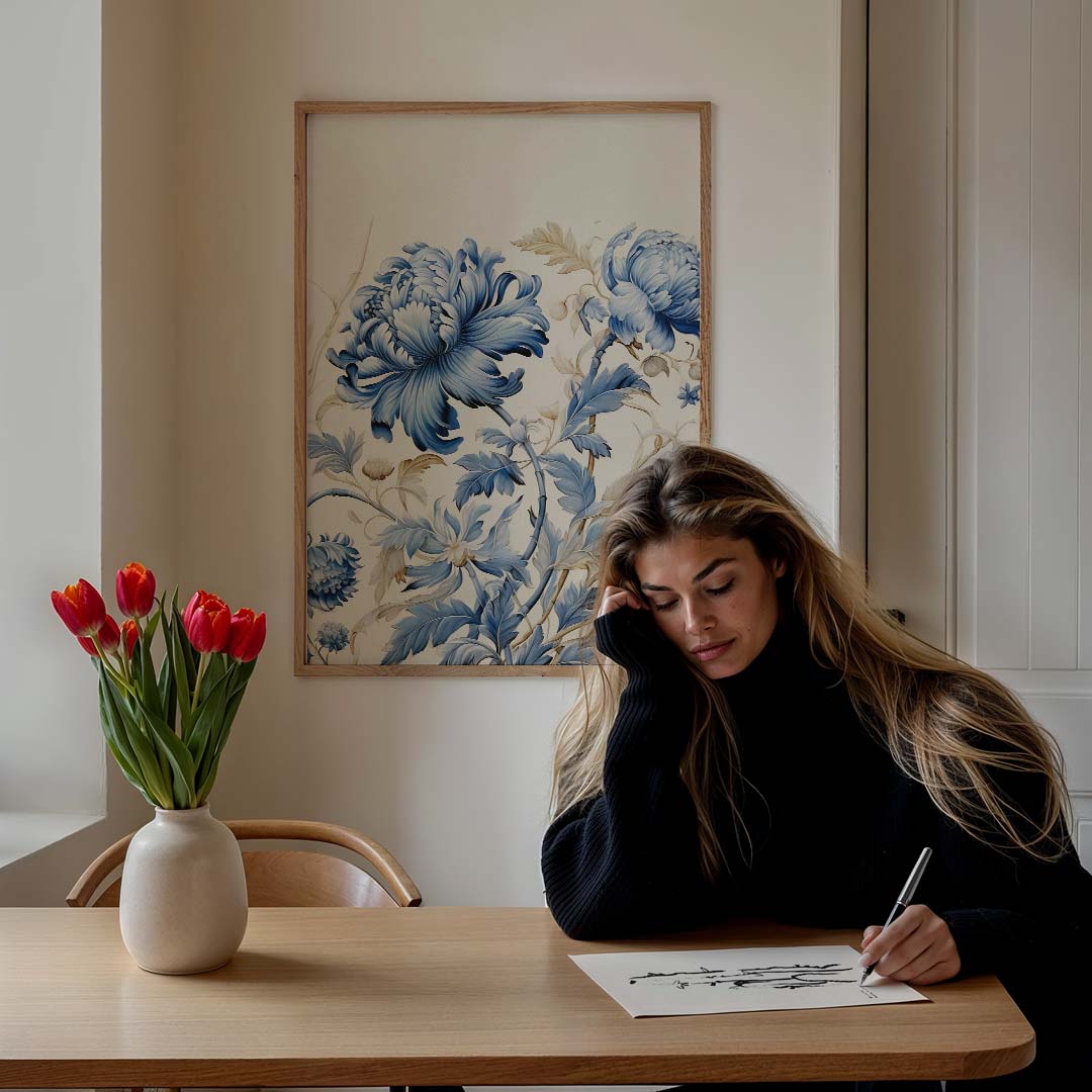 Blauwe chrysanten – bloemen poster in staand formaat