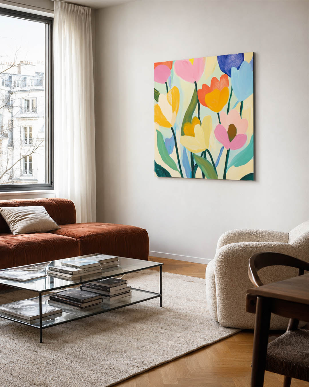 Bloemrijke kleurenpracht kunstwerk – vierkante wanddecoratie – dit kunstwerk toont een levendige compositie van kleurrijke