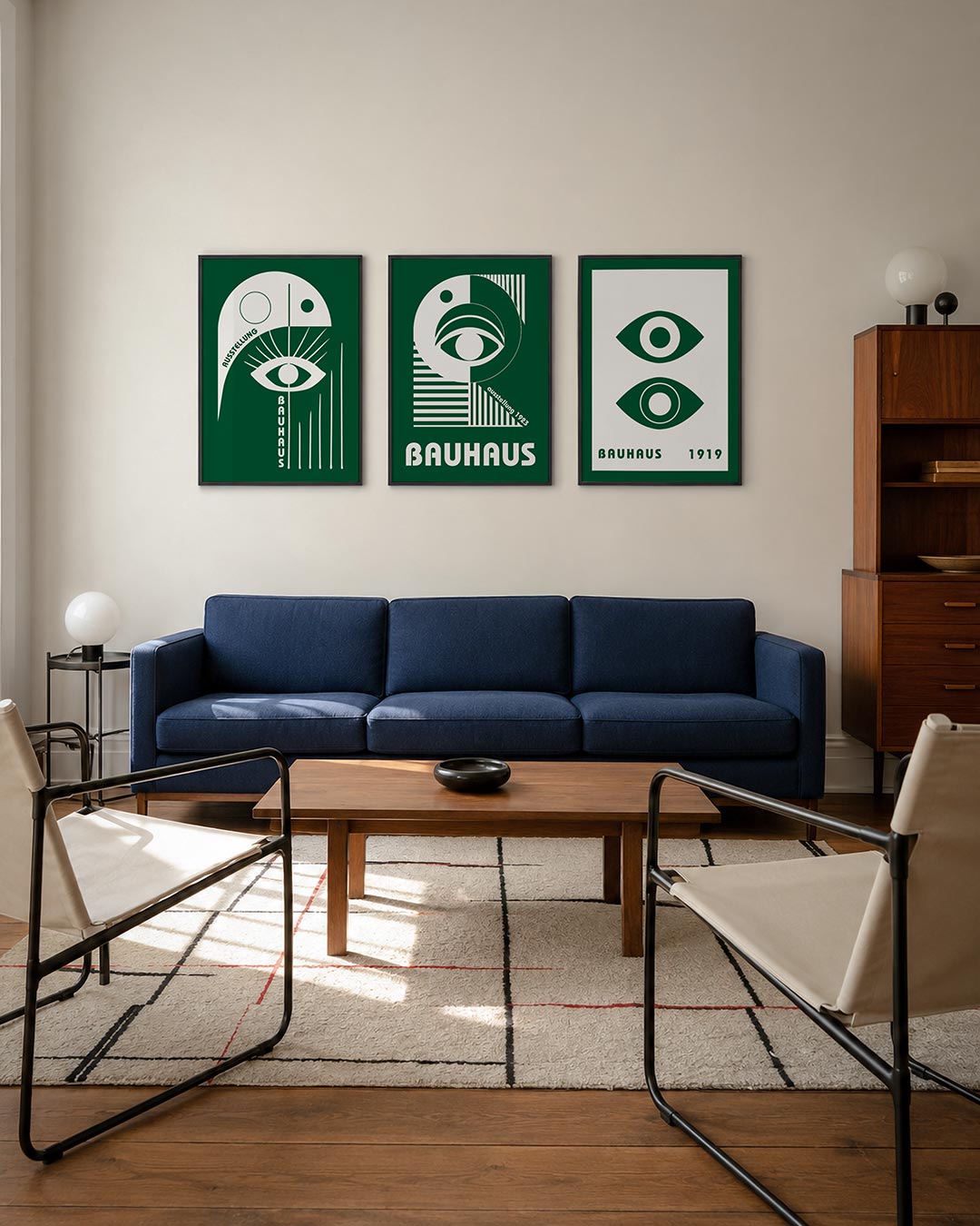 Oog en lijnen driedelige posterset – deze posterset in drie delen toont een wit oog met stralen op een groene achtergrond.