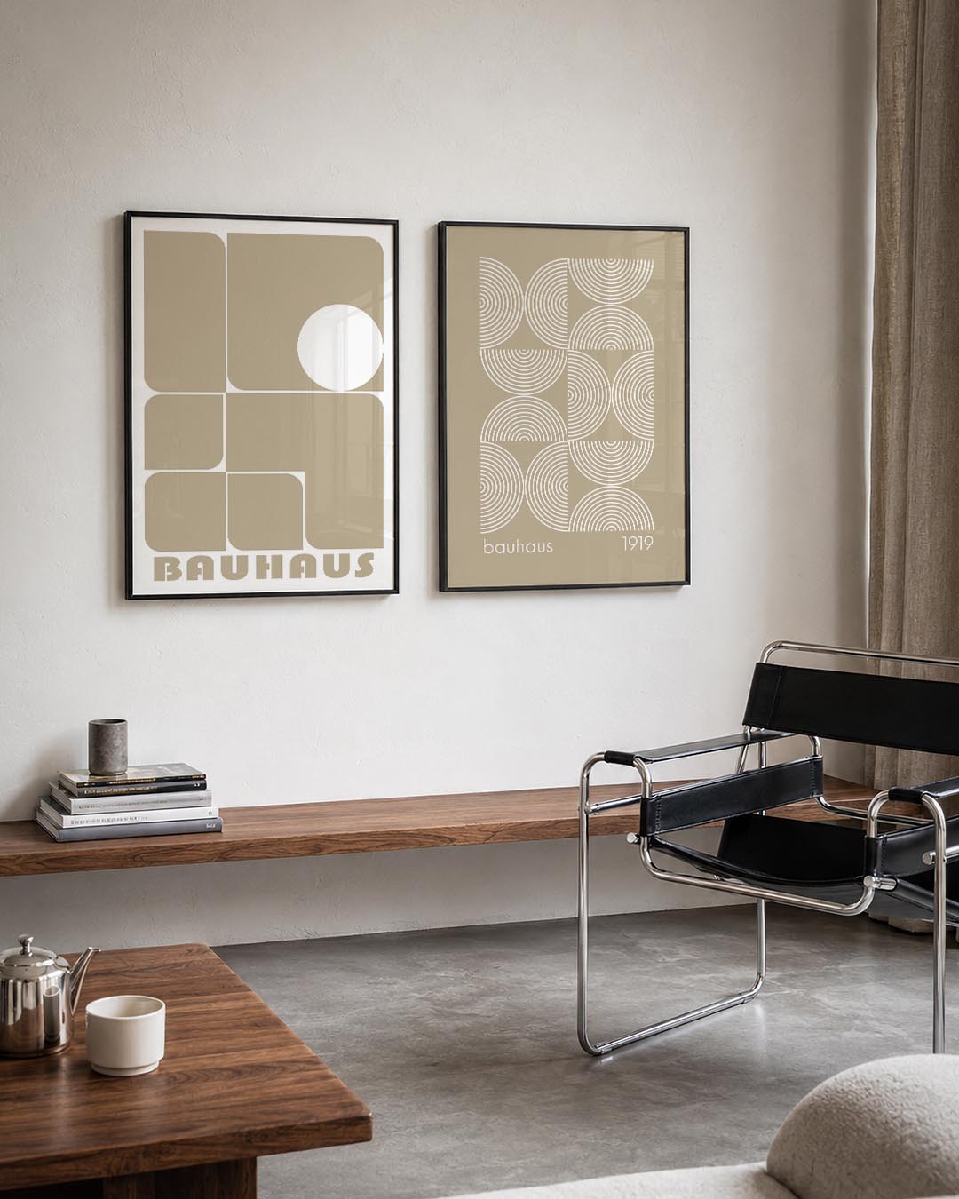Vorm en balans Posterset-Bauhaus-geïnspireerde geometrische posters in een modern interieur
