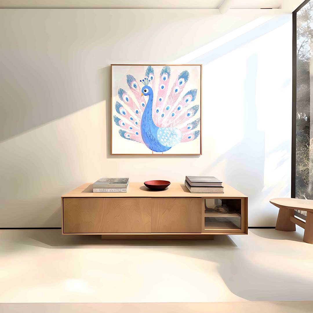 Blauwe pauw – vierkante dieren wanddecoratie van WallArtistic