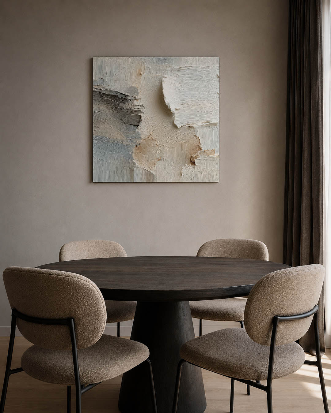Textuur en neutraliteit kunstwerk – tweede productweergave – dit werk toont een subtiele mix van beige en wit met grijze