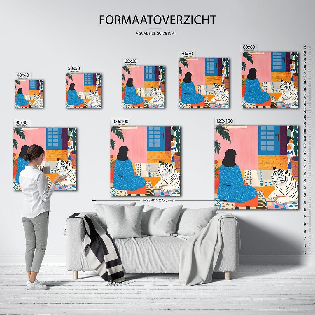 Interieur met tijger kunstwerk – dit werk toont een vrouw in een kleurrijke kamer met een witte tijger. De compositie is