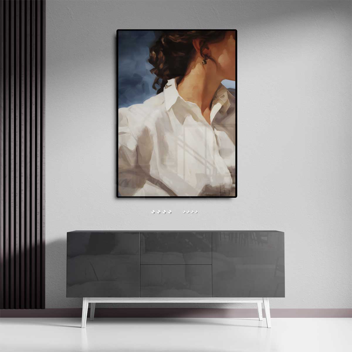 Zacht Portret met Witte Blouse – dibond wanddecoratie in staand formaat