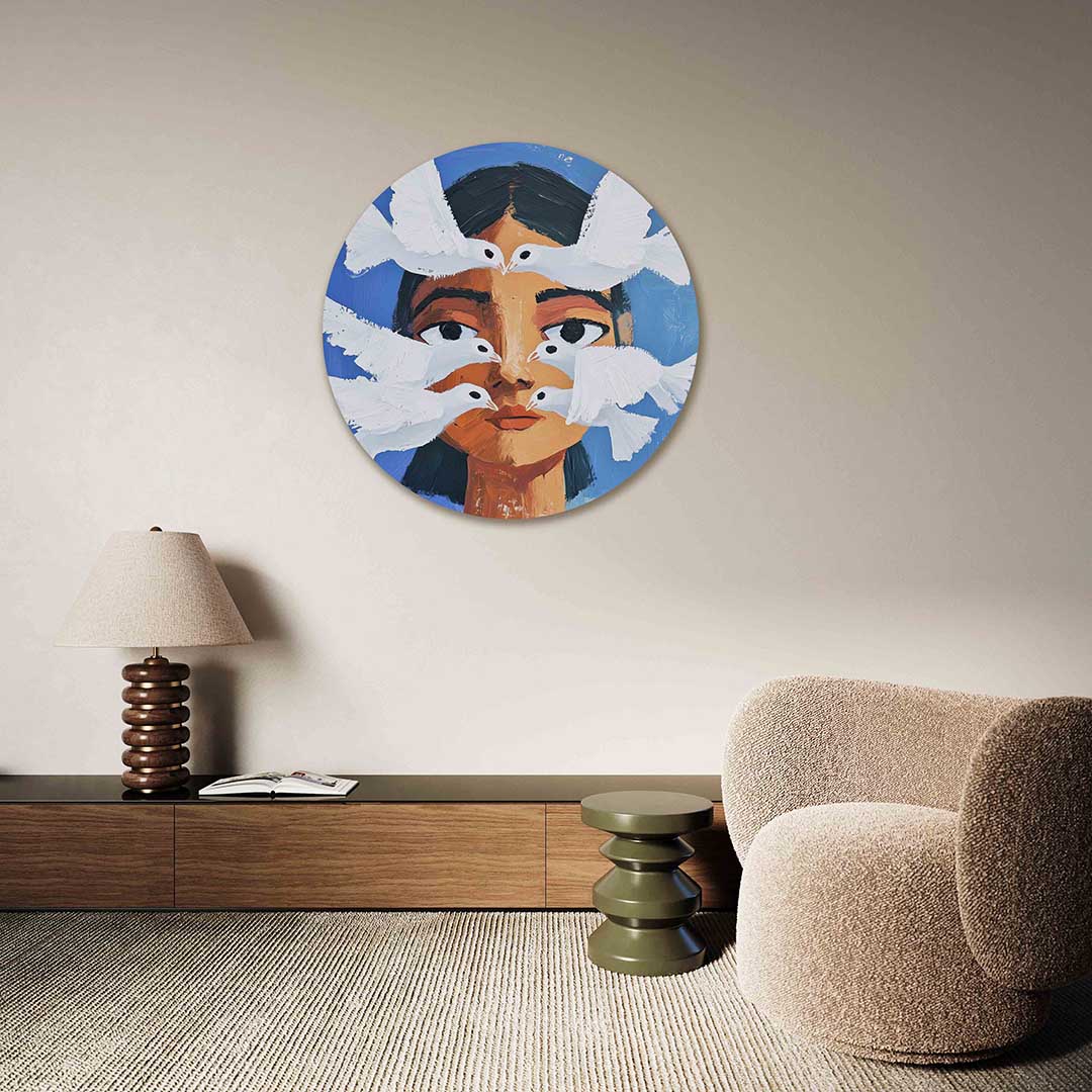 Vogels en gezicht – abstracte muurcirkel als ronde wanddecoratie