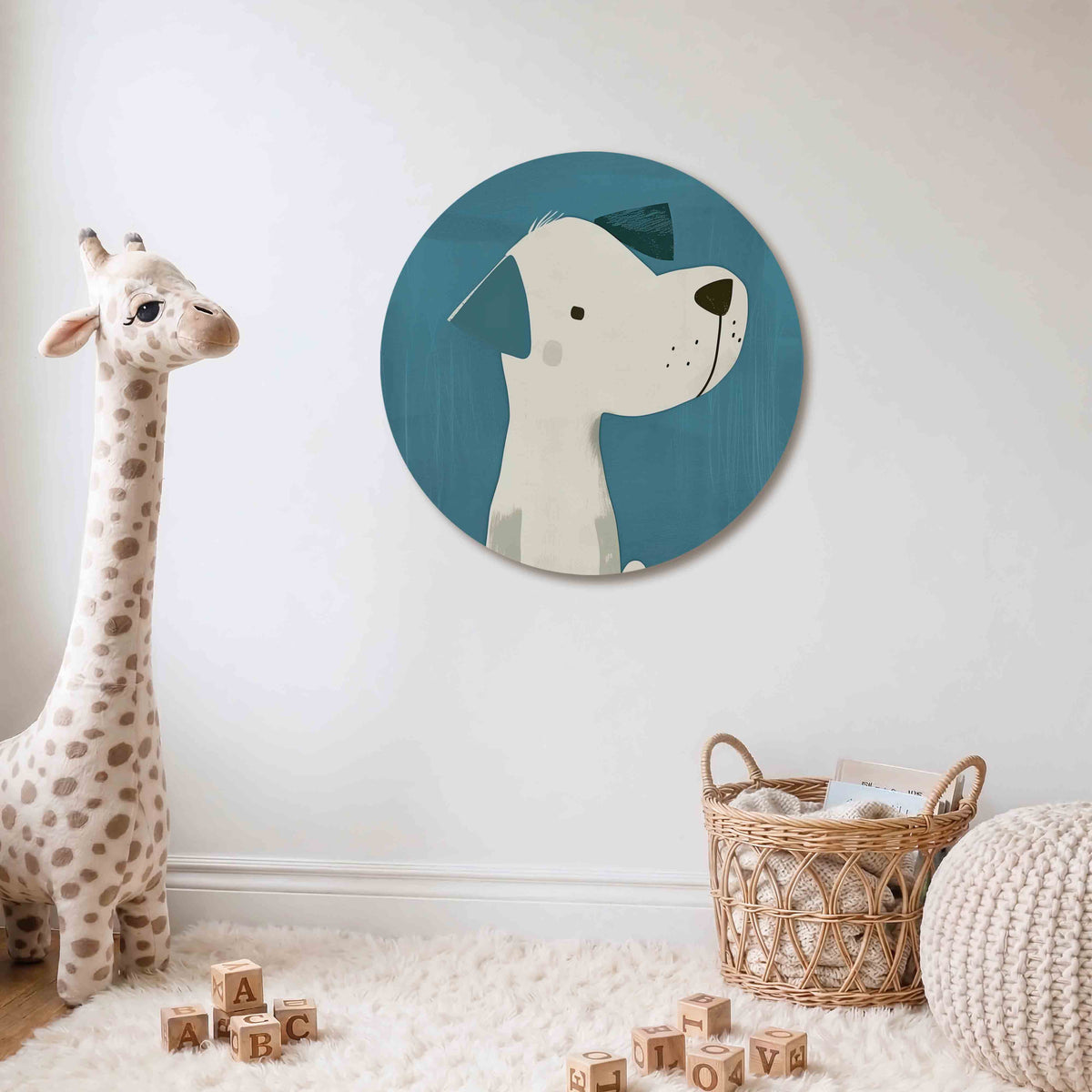Hond met blauwe achtergrond Muurcirkel – Een witte hond met blauwe oren en een zwarte neus tegen een blauwe achtergrond.