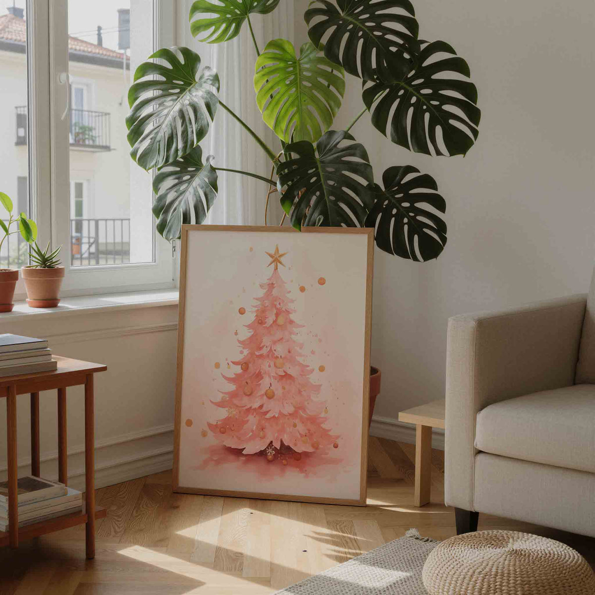 Roze kerstboom – feestelijke wandkunst als portret poster