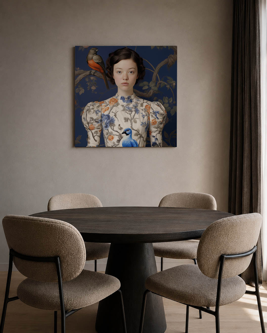 Vogels en bloemen portret kunstwerk – tweede productweergave – dit werk toont een jonge vrouw in een gedetailleerd patroon