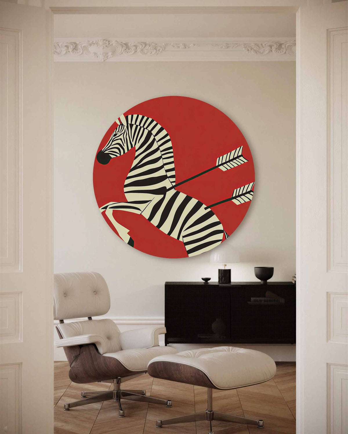 Zebra met pijlen – illustratie muurcirkel als ronde muurdecoratie
