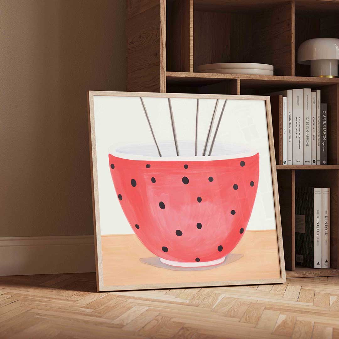 Rode kom met stippen – geïllustreerde wandkunst als vierkante poster