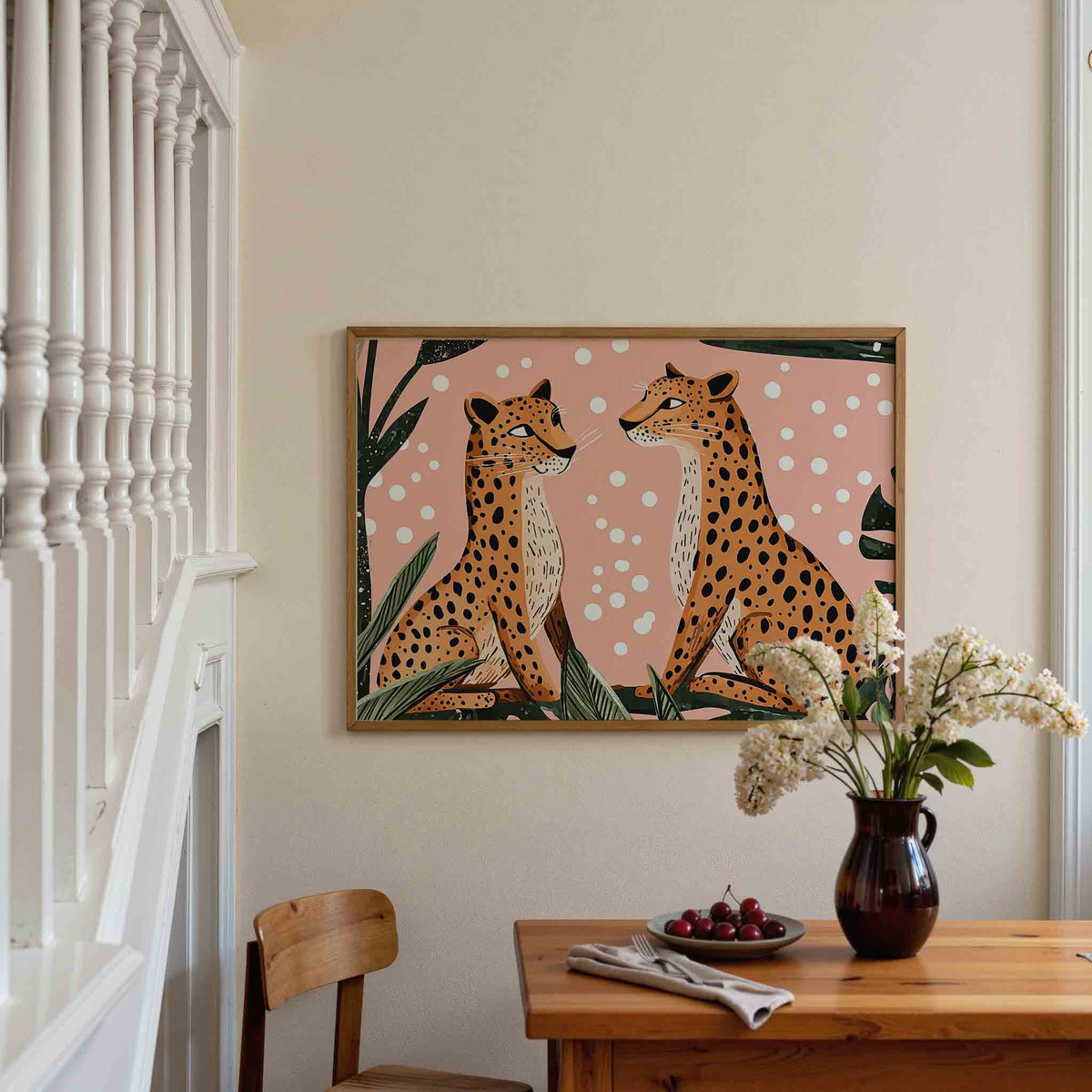 Luipaarden op roze achtergrond – dieren poster in liggend formaat
