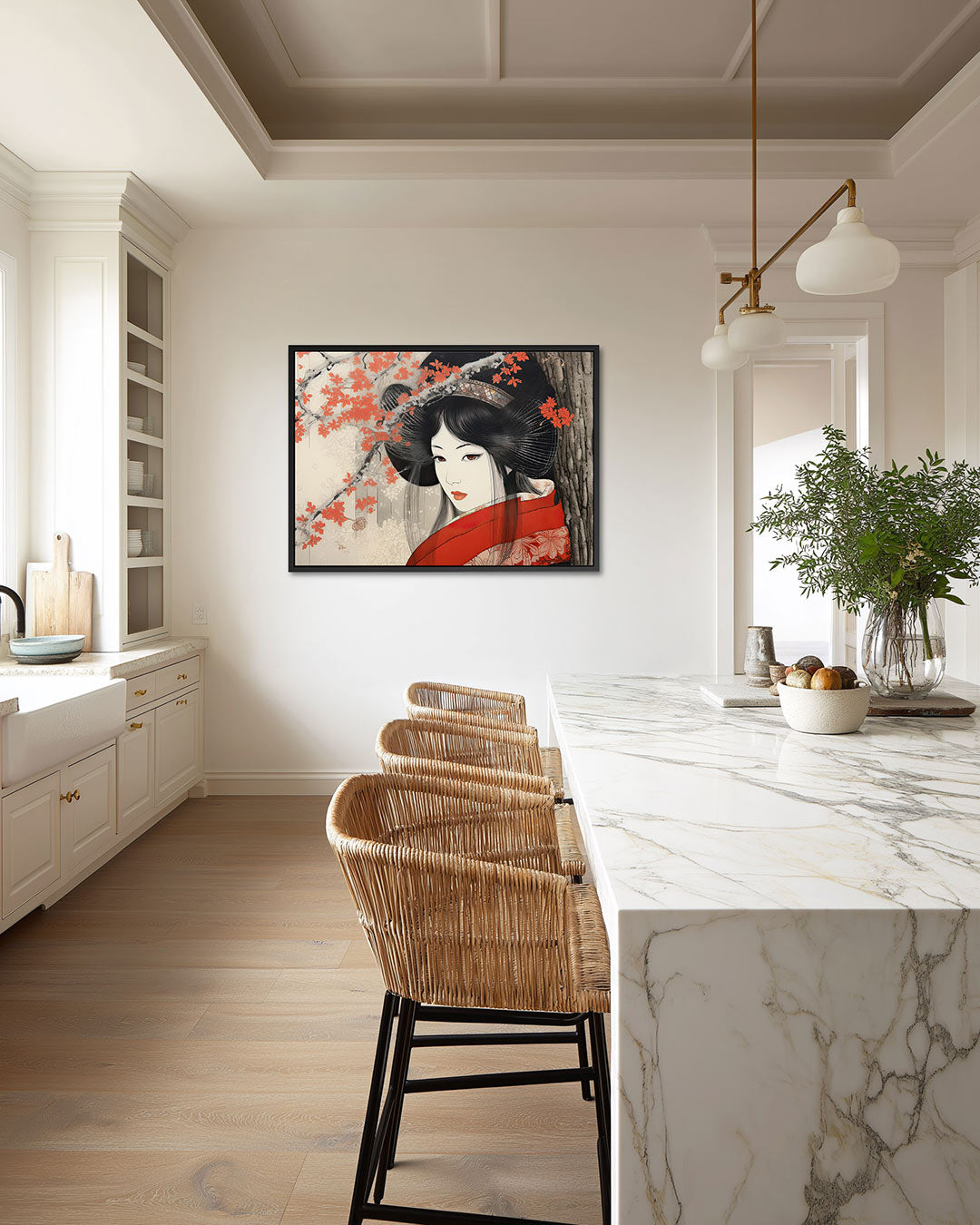 Elegante vrouw en bloesem – liggende wanddecoratie