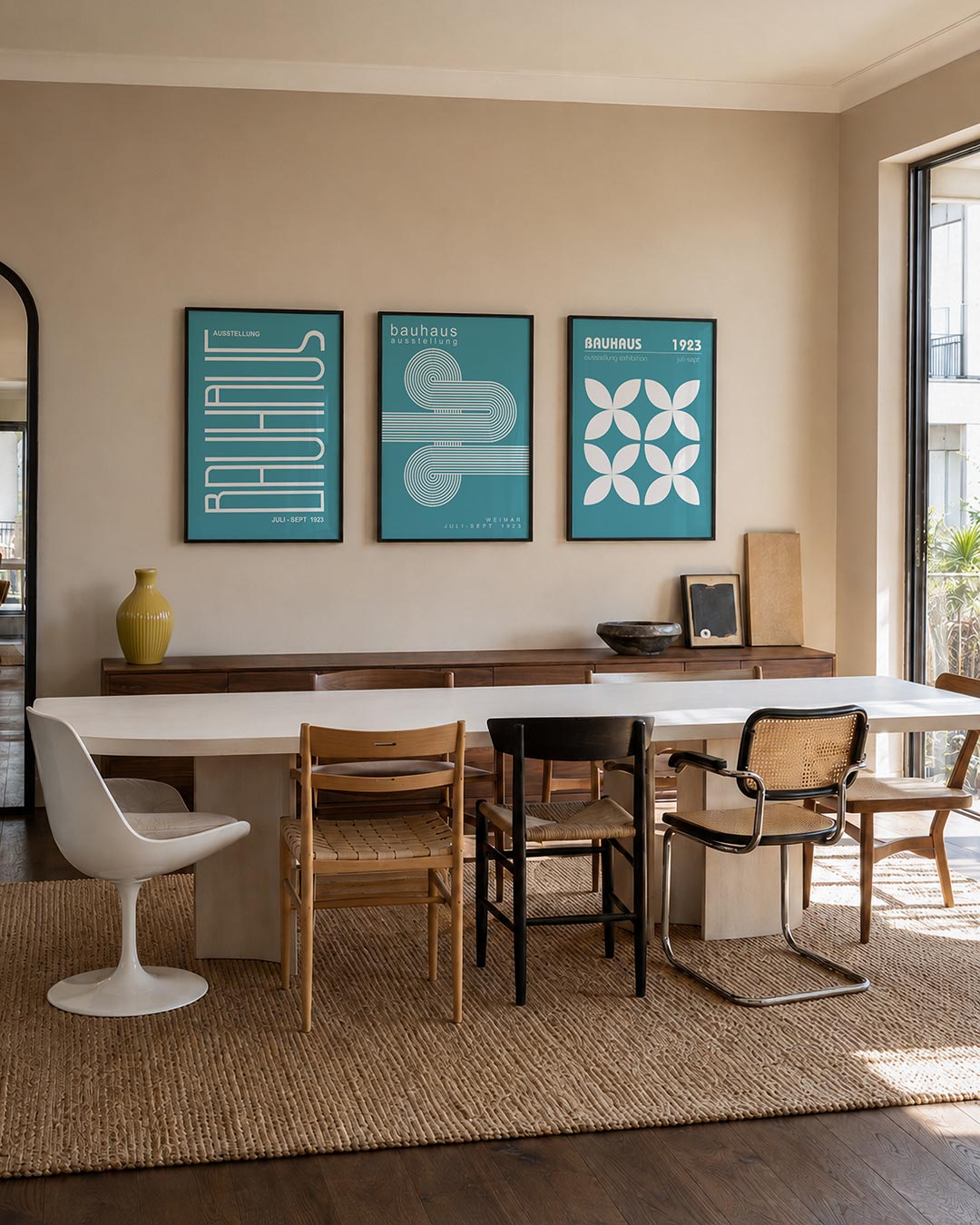 Lijnen en vormen driedelige posterset – deze posterset in drie delen toont een strak lijnenspel op een blauwe achtergrond.