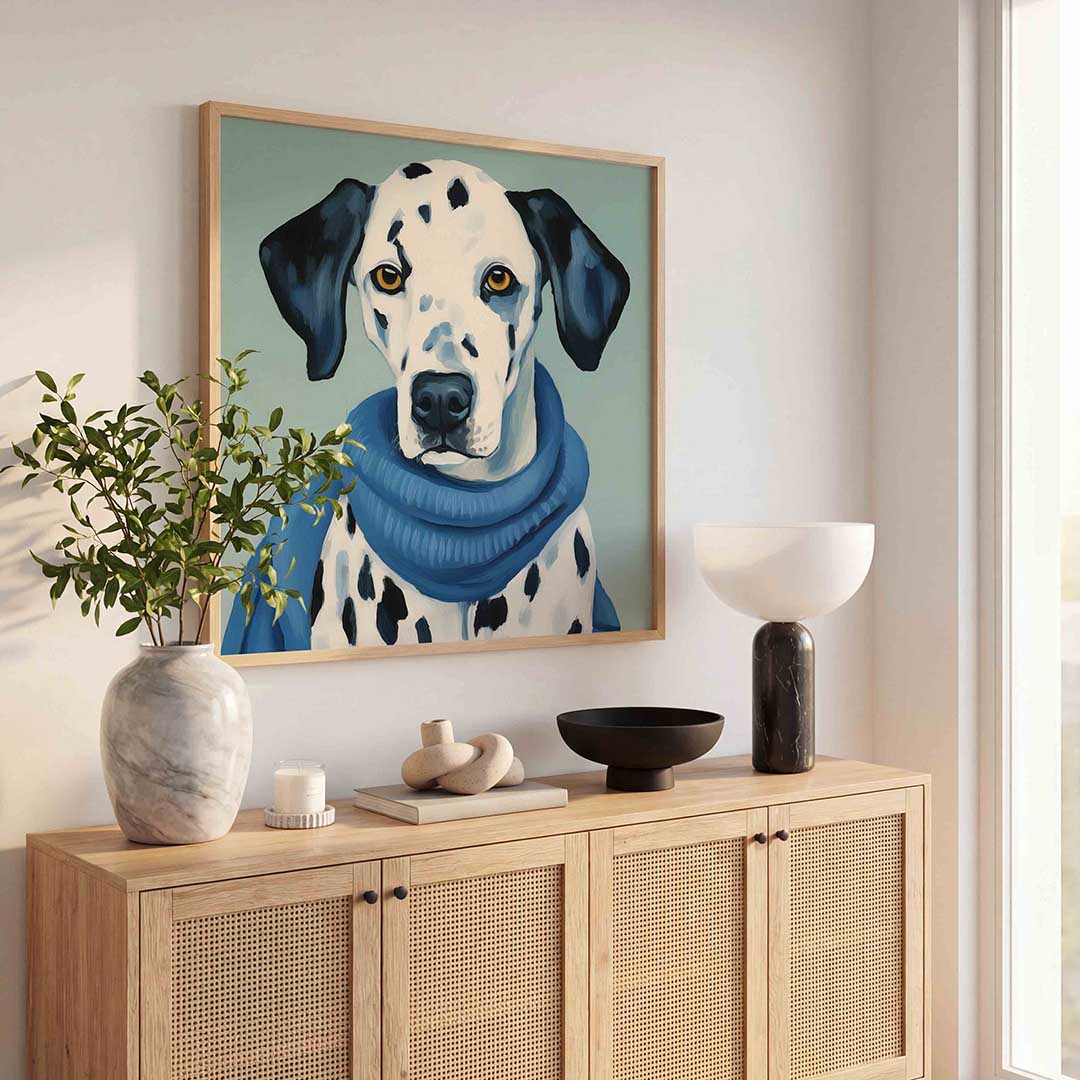 Dalmatier met blauwe trui – dierenillustratie als vierkante poster