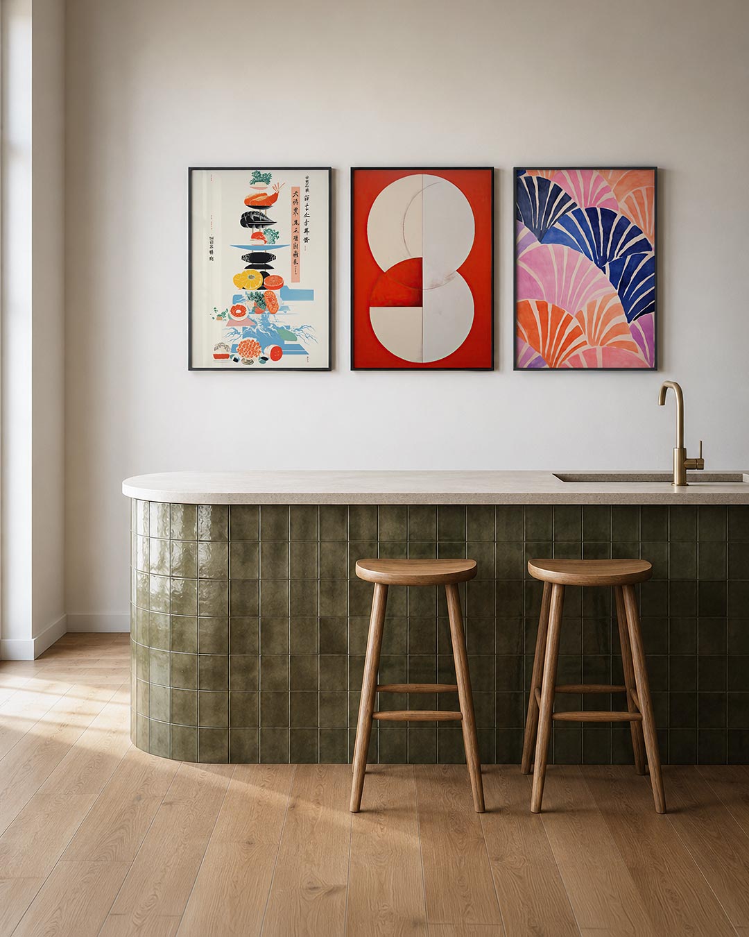 Kleurrijke stapeling posterset – tweede productweergave – deze posterset in drie delen toont een speelse stapeling