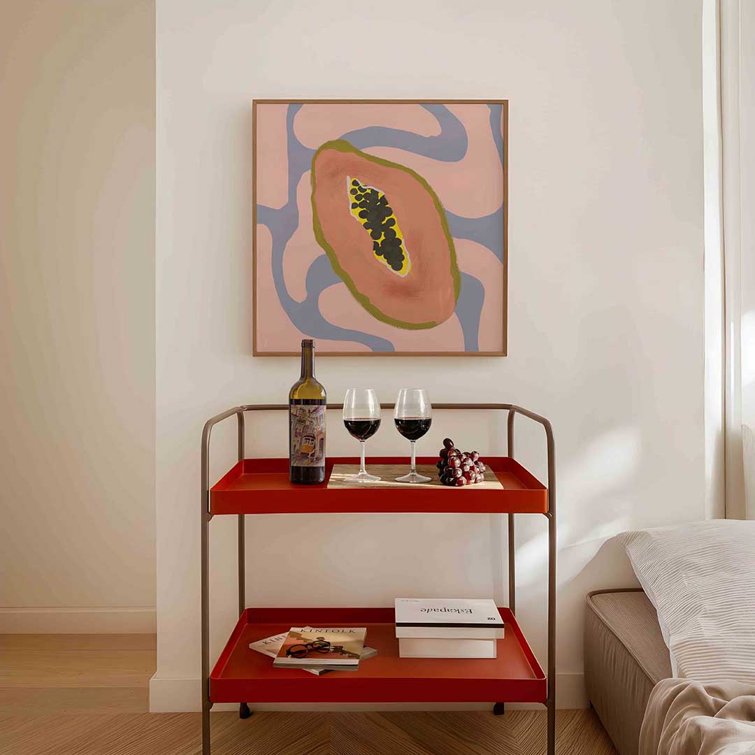 Papaja met zaden – vierkante keuken wanddecoratie van WallArtistic