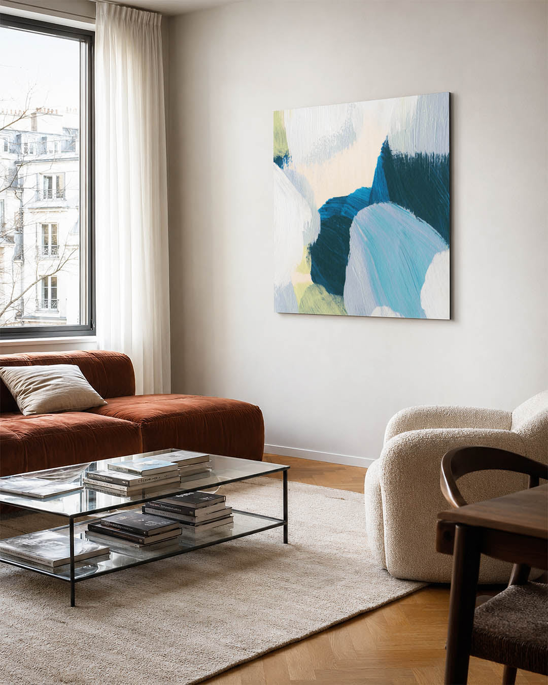Kleurrijke penseelstreken kunstwerk – vierkante wanddecoratie – dit werk toont een dynamische compositie van vloeiende