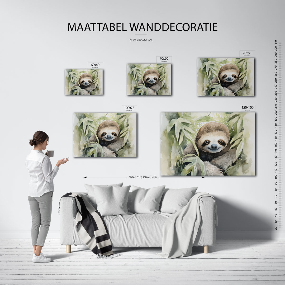 Lachende luiaard – kunstwerk op canvas, dibond of plexiglas