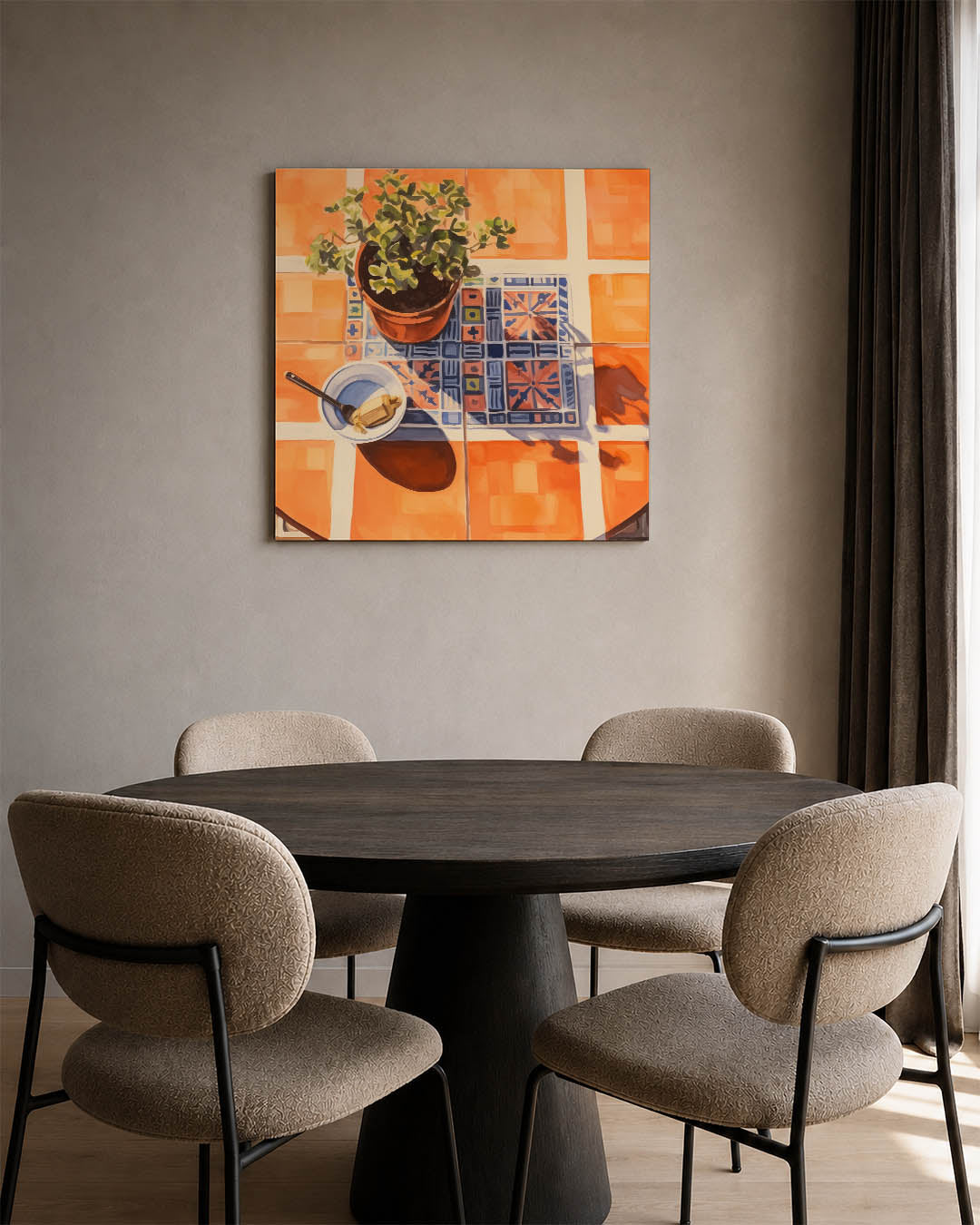 Kleurrijke tegelcompositie kunstwerk – vierkante wanddecoratie – dit werk toont een levendige compositie van oranje tegels