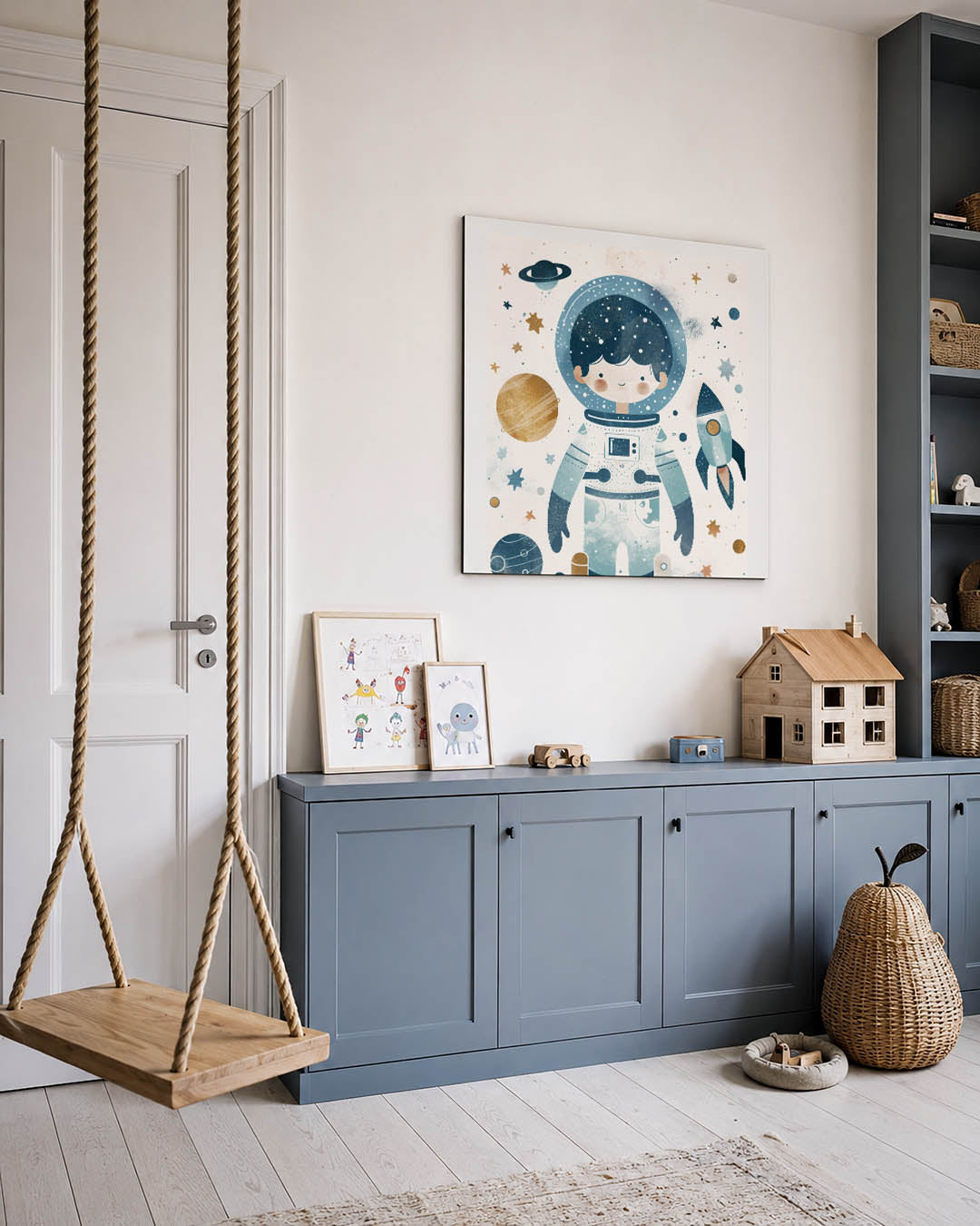 Speelse ruimte illustratie kunstwerk – vierkante wanddecoratie – dit werk toont een vrolijke figuur omringd door
