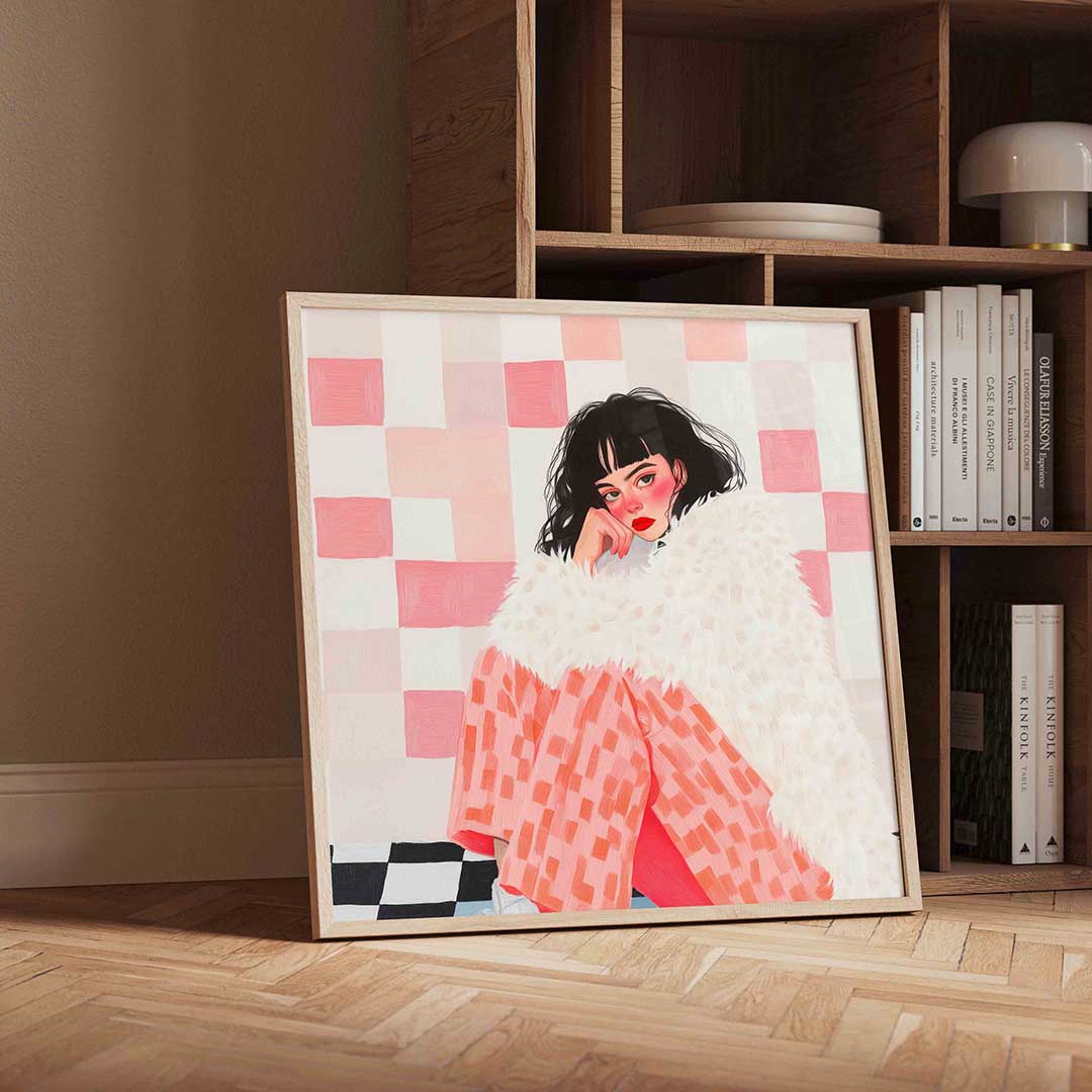 Vrouw met bontjas – vierkante moderne wanddecoratie van WallArtistic