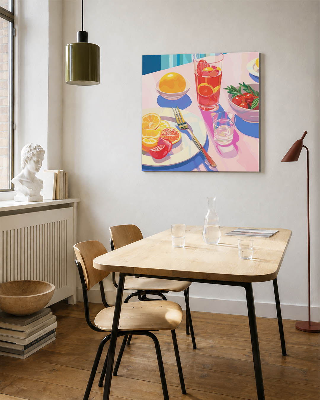 Levendige tafelsetting kunstwerk – detailweergave – dit toont een kleurrijke tafel met fruit en drankjes. Heldere kleuren en