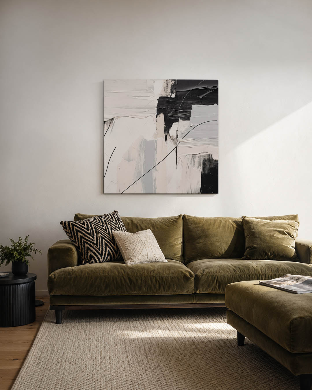 Compositie van lijnen kunstwerk – derde productweergave – dit werk toont een spel van dikke penseelstreken in zwart en wit