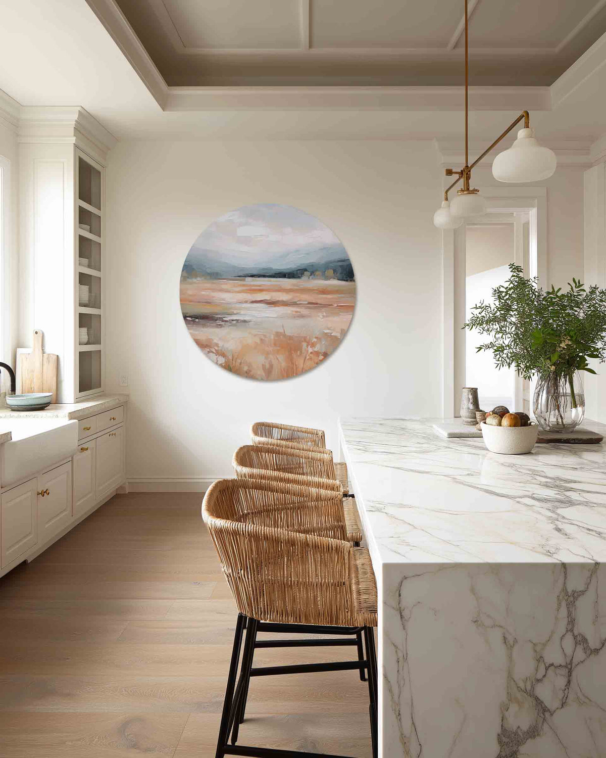 Landschap met bergen – abstracte muurcirkel als ronde wanddecoratie