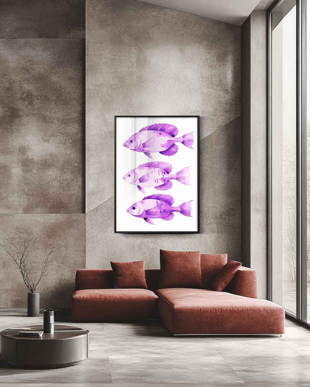 Paarse Vis Trio – staande wandkunst voor woonkamer of interieur