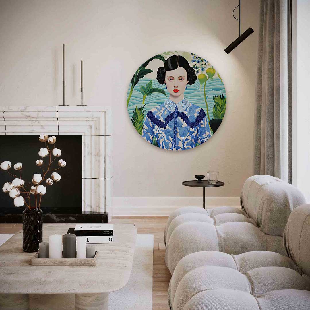 Vrouw met planten – abstracte textuur muurcirkel als wanddecoratie