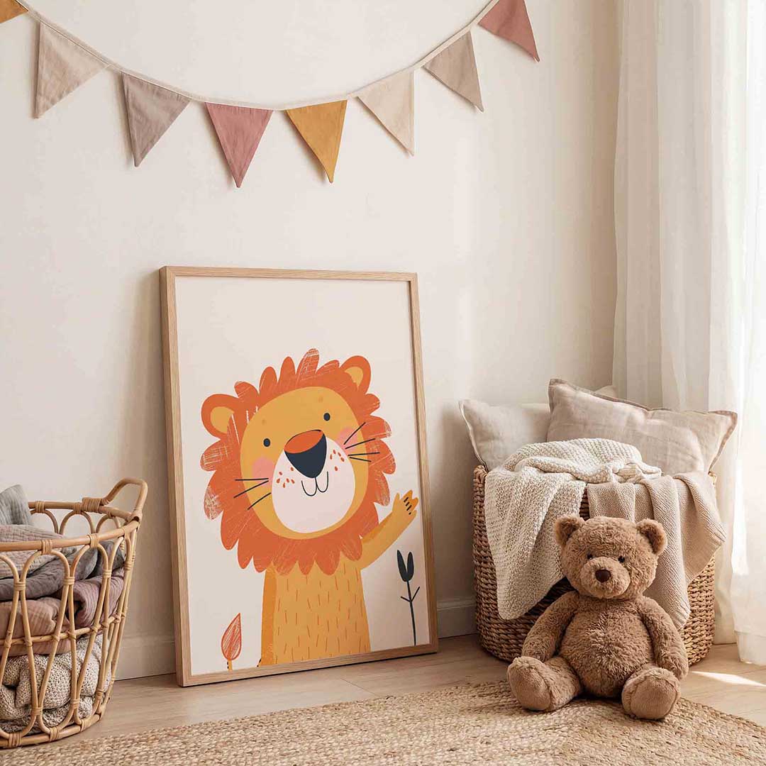 Lachende leeuw – speelse wandkunst als portret kinderposter