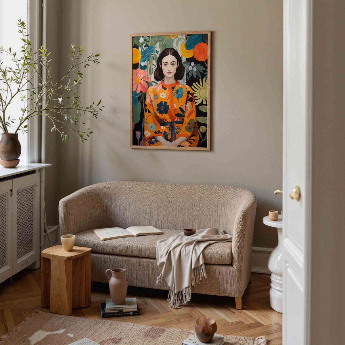 Vrouw in bloemenjurk – botanische poster in staand formaat
