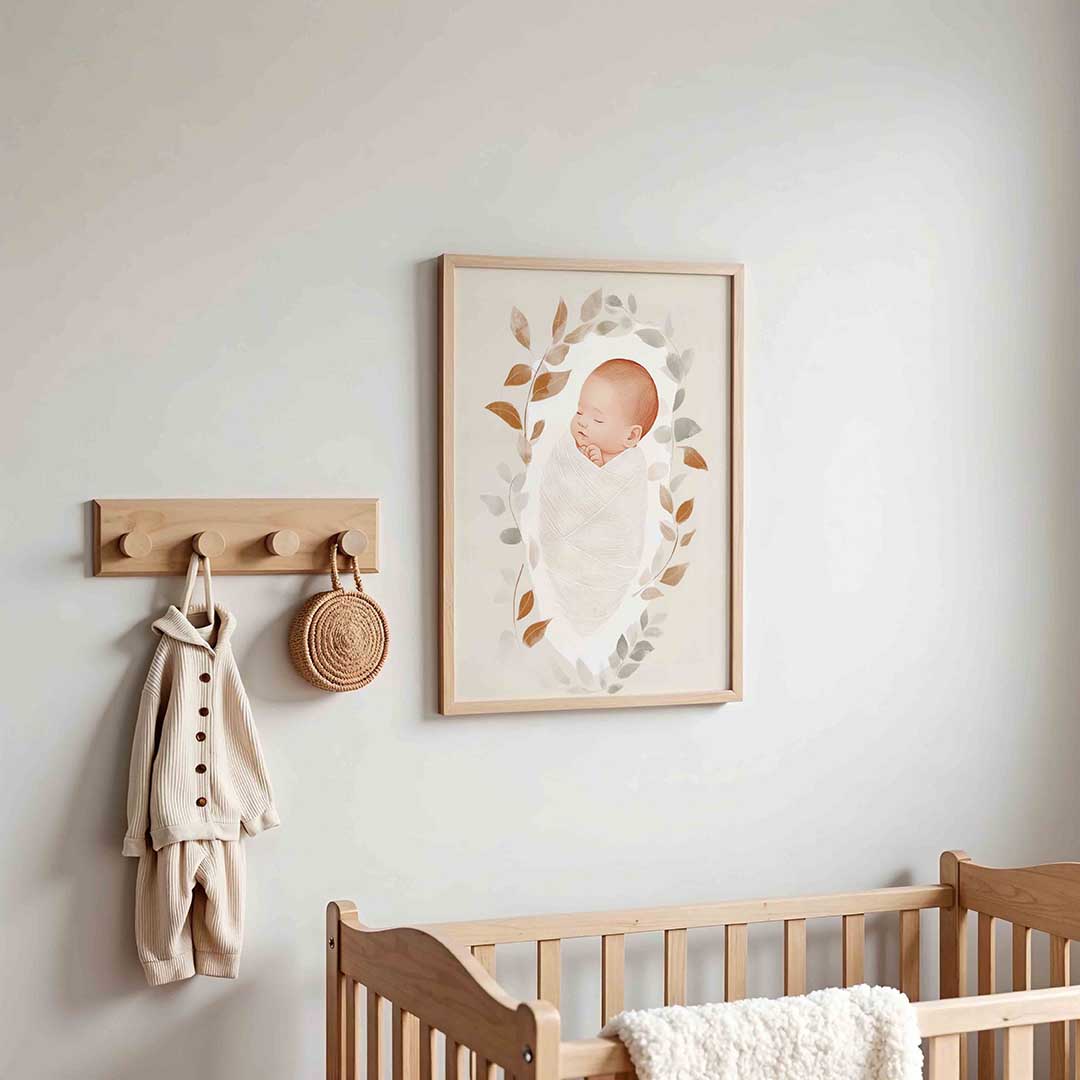 Slapende baby met bladeren – kinderposter in staand formaat