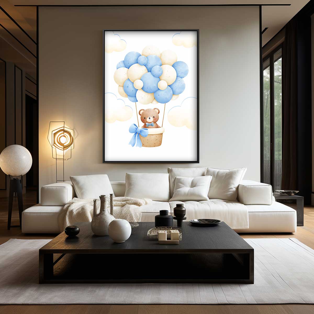 Dromerige Teddy in Luchtballon – canvas wanddecoratie in portret formaat
