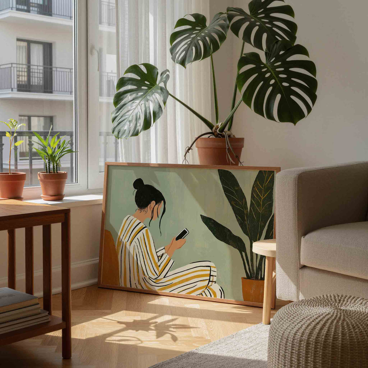 Vrouw met telefoon – moderne wandkunst als landscape poster