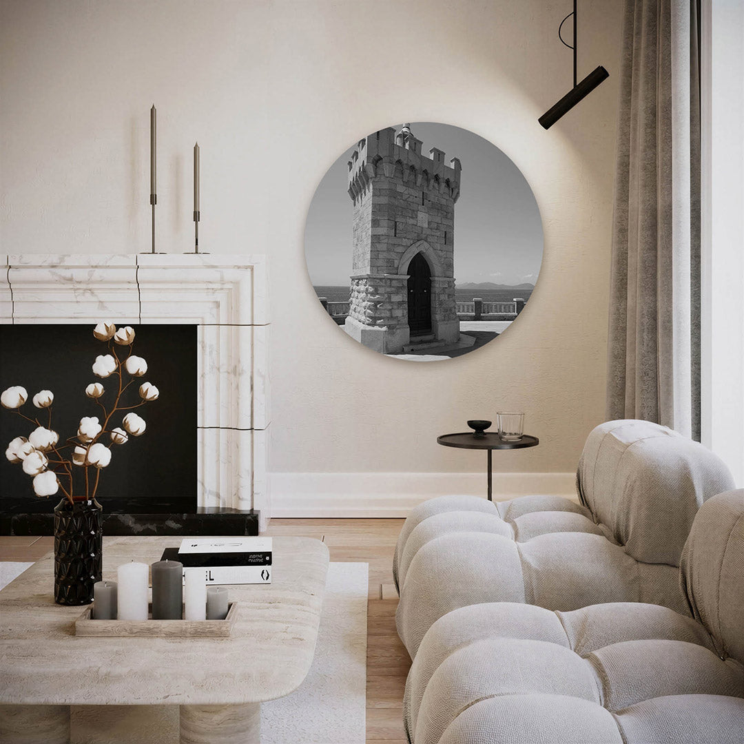 Toren aan zee – ronde fotografie wanddecoratie van WallArtistic